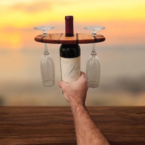 Maple & Walnut Wine Caddy – Handmade Holder for 1 Bottle and 2 Glasses
