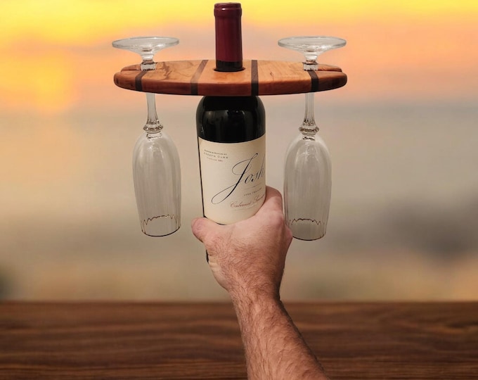 Maple & Walnut Wine Caddy – Handmade Holder for 1 Bottle and 2 Glasses