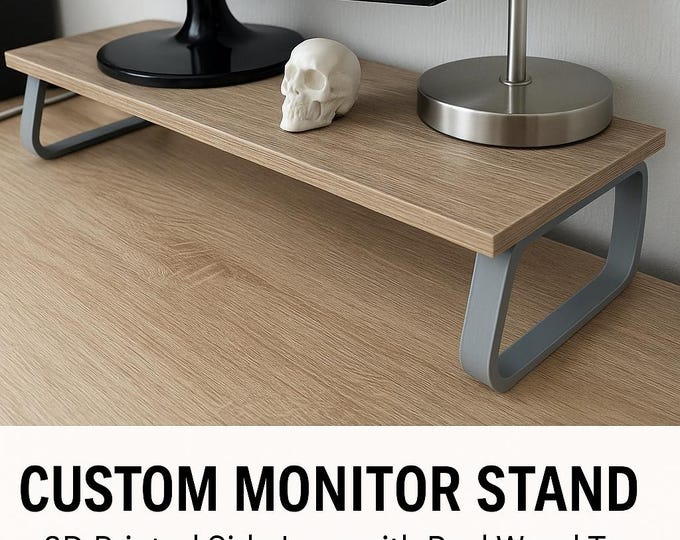 Custom Monitor Stand – 3D Printed Side Legs with Real Wood Top | Maple, Walnut, or Stained Pine | Minimalist Desk Riser