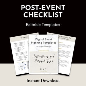 May include: A digital download for event planning templates. The cover features a marble background with the text "Digital Event Planning Templates for Event Managers" and "Post Event Checklist". The text "Instructions and Helpful Tips" is in a larger font and the acronym "R.A.C." is below it.