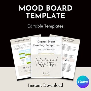 May include: A digital download for event planners featuring a mood board template, instructions and helpful tips, and a list of resources to support your business. The text "Digital Event Planning Templates for Event Managers" is featured on the cover.