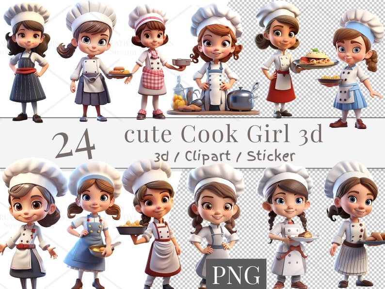24 Digital Cute Cook Girl 3d Clipart Set, Cute Cook Sticker ...