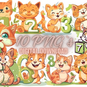 Schattige kattennummers Clipartbundel - 10 hoge kwaliteit png's: verjaardag kat, papierkunst, wenskaarten, plakboekvoorraad, knutselwerk | 4S-38