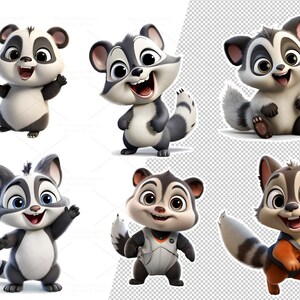 May include: Six cartoon raccoon illustrations with different poses and expressions. The raccoons are all white and grey with black eyes and noses. They have black and white striped tails.