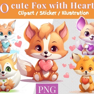 30 cute Fox with hearts Clip Art Set, cute Fox Sticker, cute Fox colorful PNG, sublimation design, sublimate fox | 795