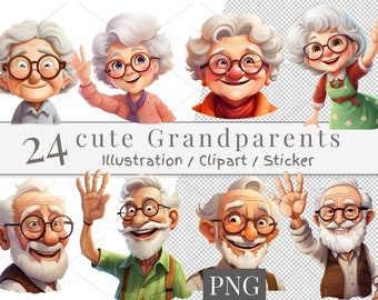 Grandparents Clipart PNG, Cartoon Grandma Grandpa Illustration (Digital Download)