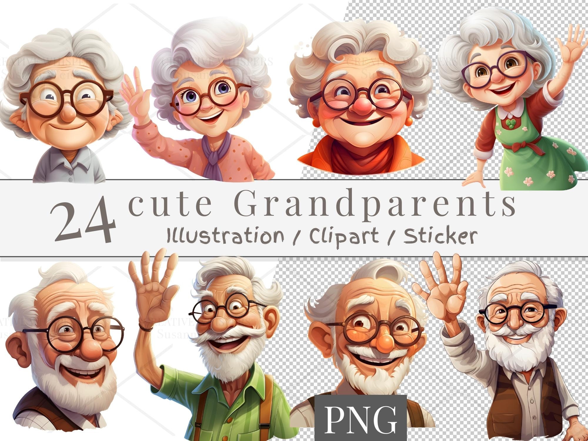 24 Digital Cute Grandpa and Grandma Clip Art Set, Cute Grandpa and