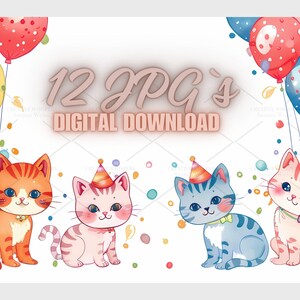 Birthday card with cute Cats, Kitten Bundle- 12 High Quality Watercolor JPGs-, Journaling, greeting card, invitation card | 6S-39