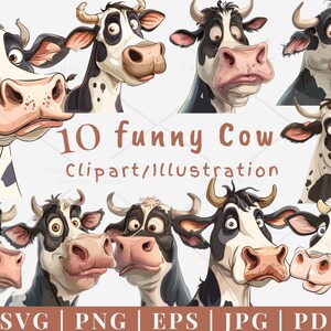 Puede incluir: Una colección de diez ilustraciones de vacas de dibujos animados con diversas expresiones. Las vacas son blancas y negras con narices rosas y cuernos. El texto "10 funny Cow Clipart/Illustration" se muestra en el centro, con opciones de tipo de archivo debajo.