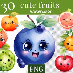 Pode incluir: 30 ilustrações de aquarela de frutas fofas com rostos de desenhos animados. As frutas incluem mirtilo, morango, kiwi, maçã, laranja, toranja e cereja.