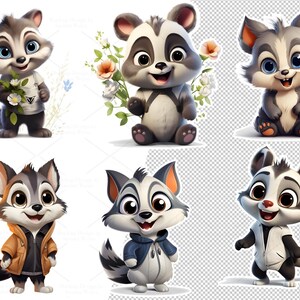 May include: Six cartoon illustrations of cute raccoons with different expressions and outfits. The raccoons are wearing a variety of clothing, including a t-shirt, a hoodie, and a jacket. They are all standing on a white background.