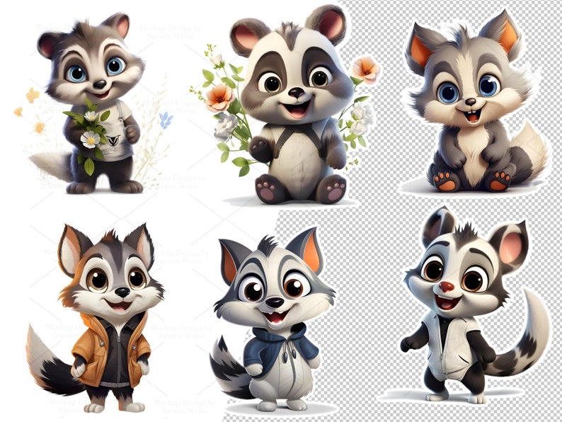 May include: Six cartoon illustrations of cute raccoons with different expressions and outfits. The raccoons are wearing a variety of clothing, including a t-shirt, a hoodie, and a jacket. They are all standing on a white background.