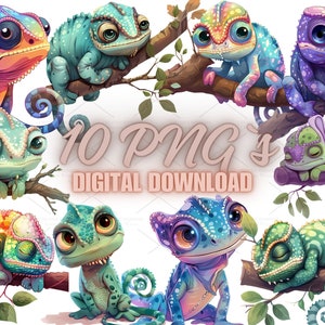 Cute chameleon Sticker, Clipart Bundle- 10 High Quality PNGs-, Journaling, Paper Craft, greeting cards, Scrapbooking, Nursery craft | 6S-12