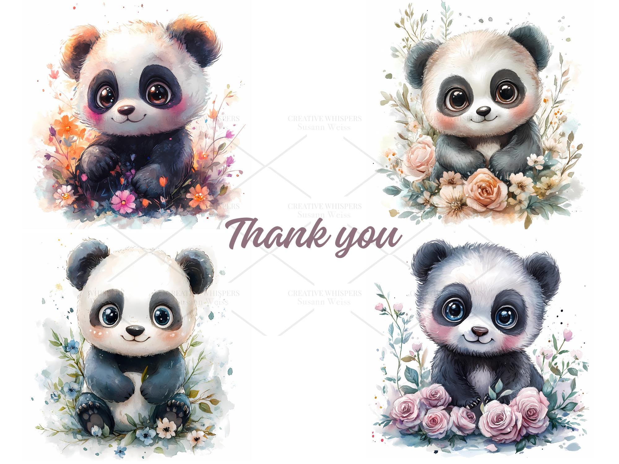 Panda Clipart: Watercolor Baby Pandas With Flowers (JPG Digital ...
