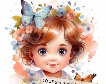 Cute girl with flowers watercolor Clipart Bundle- 10 High Quality images, Nursery Decor, JPGs-, Digital Prints, invitation card | 1S-54