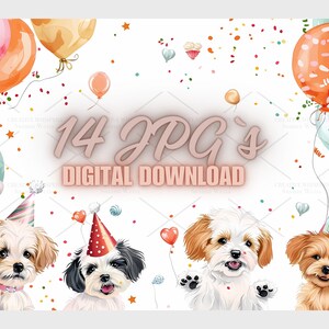 Carte d'anniversaire avec des chiens mignons - 14 fichiers JPG aquarelles de haute qualité -, un journal, une carte de voeux, une carte d'invitation | 6S-40