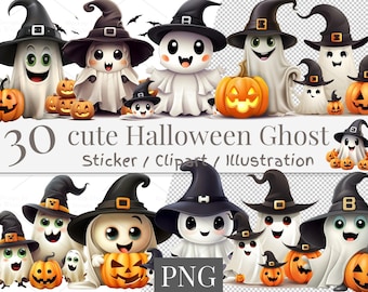 Söt Halloween-spöke Clipart: Spöklika tecknade PNG-klistermärken (digital nedladdning)