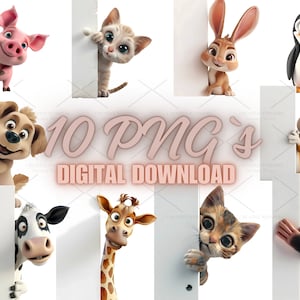 Schattige dieren gluren, grappige 3D-clipartbundel-10 hoge kwaliteit png's, journaling, papercraft, wenskaarten, plakboekvoorraad | 4S-28