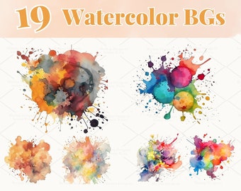 Watercolor Splashes Graphics Set: 19 Colorful PNG Backgrounds (Digital Download)