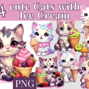 24 simpatici gatti con gelato in formato PNG - Clipart di gattini kawaii per adesivi estivi, lavoretti per bambini, sublimazione, scrapbooking e decorazioni per feste / 770