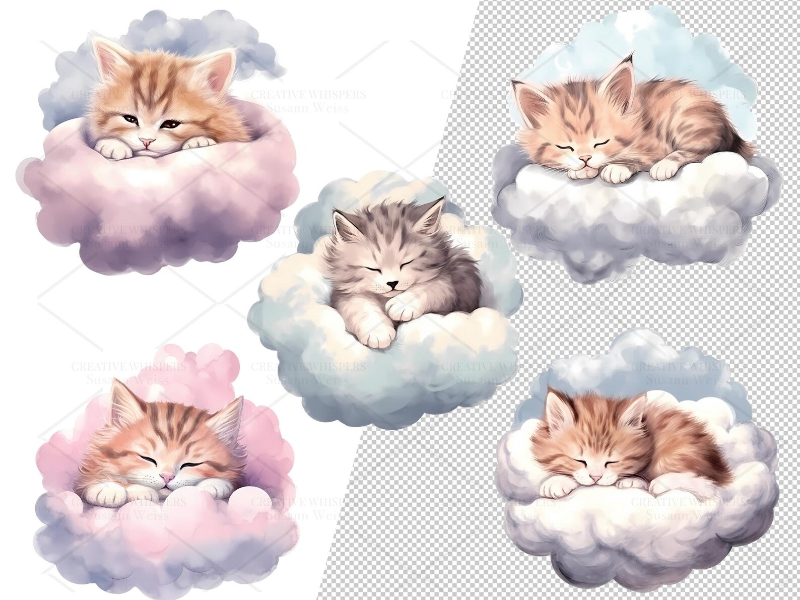 20 Digital Cute Cat Sleeping in Cloud, Clipart Set, Cute Cat Sticker ...
