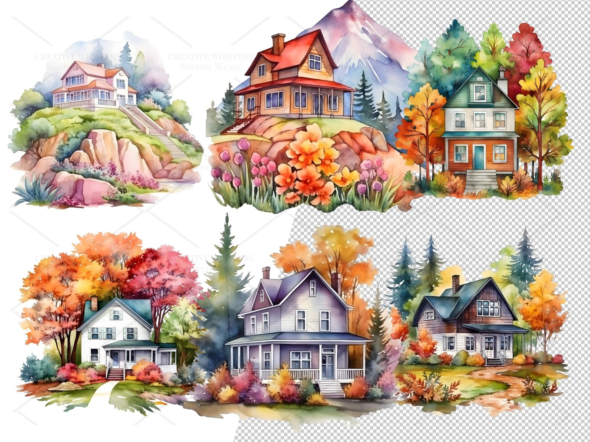 Watercolor House Clipart Bundle – 44 Cabin & Cottage PNG Files (digital ...