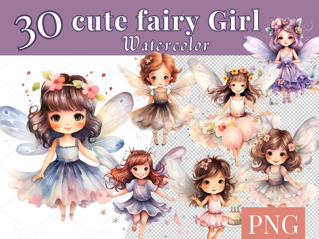 Digital Set of 30 Watercolor Cute Fairy Girl PNG, Sticker Clipart Fairy ...