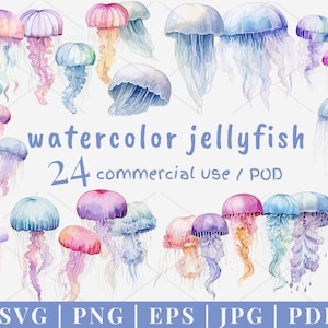 24 Watercolor Jellyfish Clipart Bundle for POD Commercial Use | Pastel Ocean Jellyfish Illustrations Png JPG SVG |  990