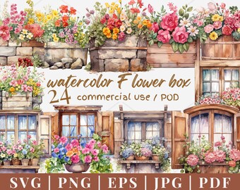 Watercolor Flower Box Clipart – 24 Floral Window Decor Graphics (PNG, SVG, PDF)