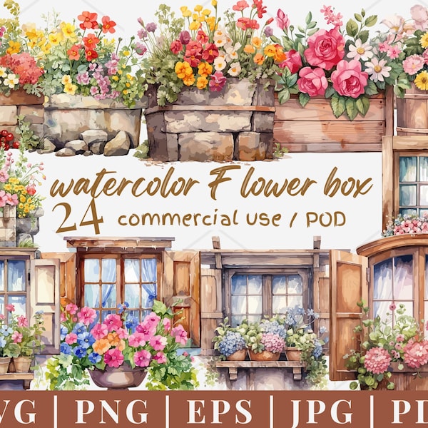 24 watercolor vintage flower box SVG, PNG, Window with Flower box, Clipart Vector Graphics Wall Art, Tshirt, Sticker, instant download