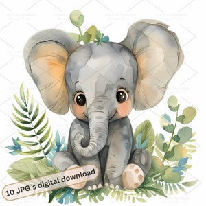 10 cliparts bébés animaux safari dans la jungle : éléphant, girafe, lion, zèbre et singe mignons | Art jungle pour chambre de bébé pour cartes et décoration | 1S-13