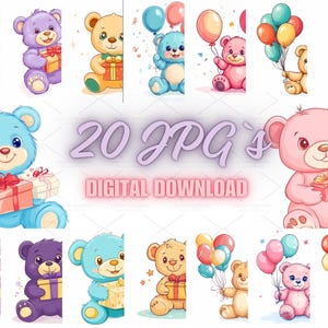 20 Adorable Birthday Bear Illustration – Perfect for Cards, Invitations, and Nursery Decor, Commercial Use, Instant Digital Download | 10S-3