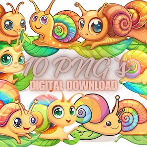 10 Cute Snail Clipart Bundle for POD Commercial Use | Rainbow Cartoon Snail Illustrations PNG Digital Download | 4S-32