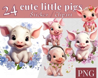 Cute Pig Clipart Set – Baby Piglets, Flowers & Bows (PNG Digital Download)