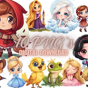 10 süße Märchen PNGs - Prinzessinnen, Tiere & Märchenfiguren Clipart für Kinderpartys, Karten, Kinderzimmer Dekor und Kunsthandwerk | 5S-9