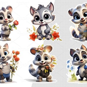 May include: Six cartoon raccoon illustrations with different expressions and poses. Some are holding flowers, while others are wearing clothing. The illustrations are on a white background.