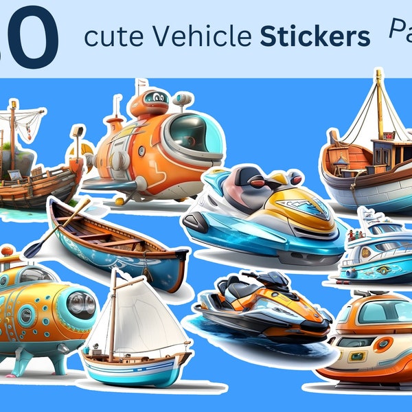 Digital sticker set with 30 cute watercraft Clip Art Stickers Part 4, Vehicle