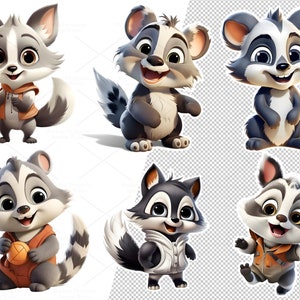 May include: Six cartoon raccoon illustrations with different expressions and poses. The raccoons are wearing different outfits, including a hoodie, a jacket, and a waistcoat. They are all standing on a white background.