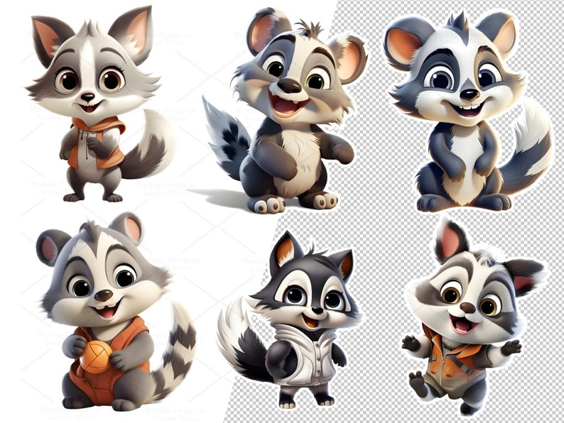 May include: Six cartoon raccoon illustrations with different expressions and poses. The raccoons are wearing different outfits, including a hoodie, a jacket, and a waistcoat. They are all standing on a white background.