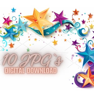 10 design di biglietti a forma di stella colorata - Stelle a spirale fantasy in formato JPG per biglietti di auguri, inviti, scrapbooking, progetti di stampa / 6S-33