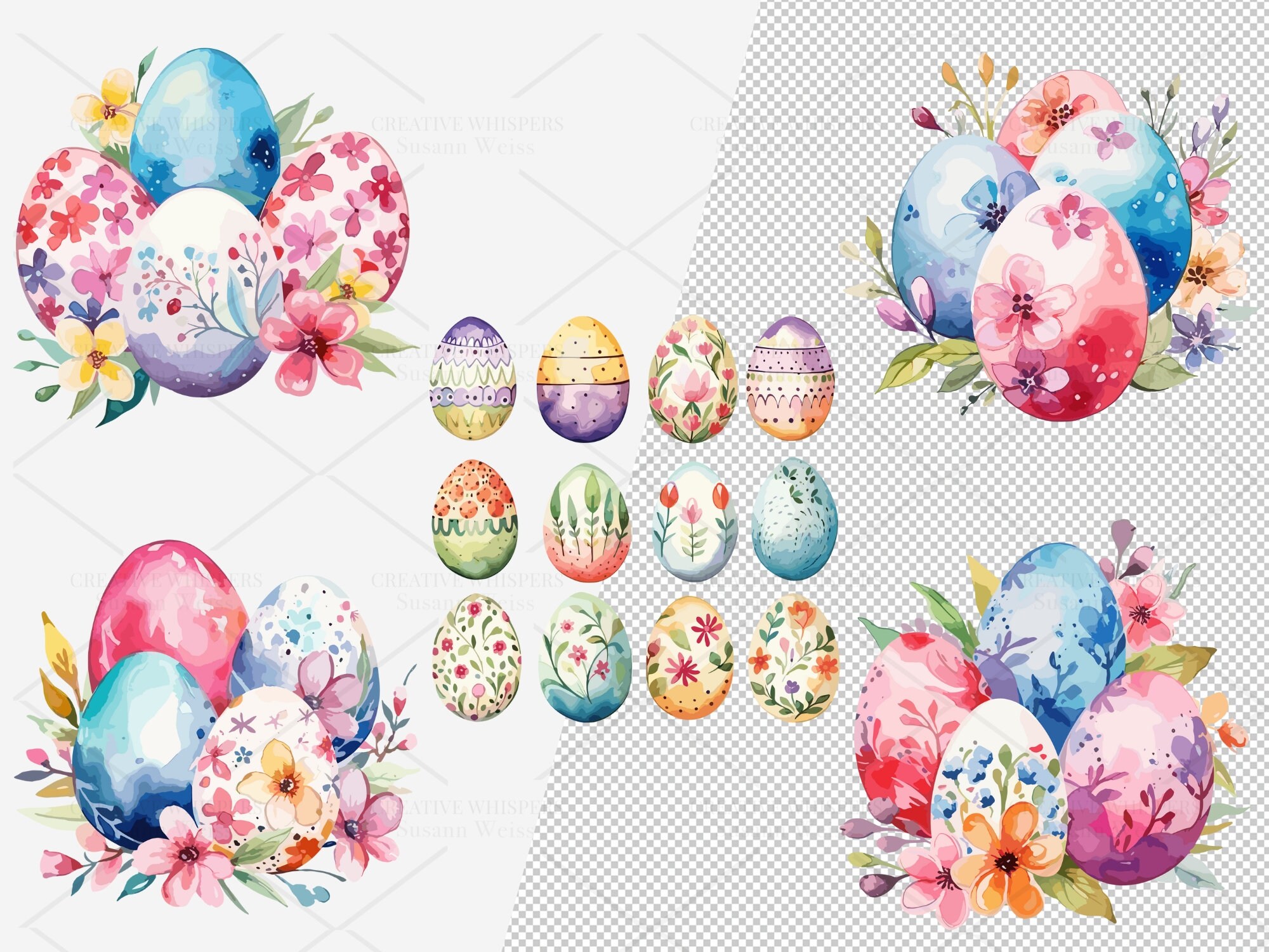 20 Watercolor Easter Eggs Clipart PNG SVG, Hand Painted Spring Egg ...