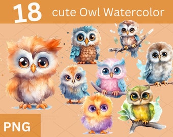 Cute Baby Owl Watercolor PNG Set, Sublimation Design (Digital Download)