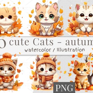 30 watercolor cute Cat, autumn, PNG, Sticker Clipart cute Cats, sublimation design, sublimate Cat, Fall, sublimation sticker | 823