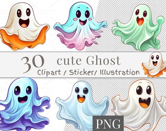 30 söta Halloween-spöken-clipart: Spöklika PNG-klistermärken (digital nedladdning)