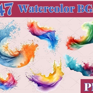 47 Vibrant Watercolor Splashes and Graphics Set, Watercolor Splatter, colorful background, PNG | 722