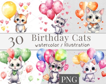 Set di clipart di 30 gatti di compleanno (download digitale), palloncini con gattini acquerellati, PNG / 789
