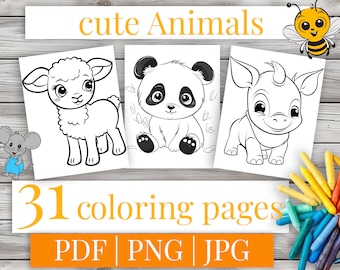 Cute Animal Coloring Pages – 31 Printable Designs, Kids Activity (Digital Download)