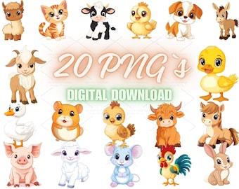 Cute Farm Animal Clipart – 20 PNGs, Nursery Decor (Digital Download)