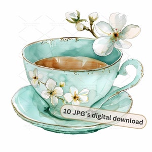 10 Clipart di tazze da tè floreali - Tazze da tè vintage con fiori in acquerello JPG - Tazze da tè stampabili per biglietti e lavoretti / 1S-34
