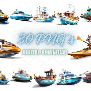 30 Cartoon Boat PNG Stickers | Cute Ship, Submarine & Jet Ski Stickers | Digital Marine Clipart for Kids Crafts, Decor Birthday | 664-4